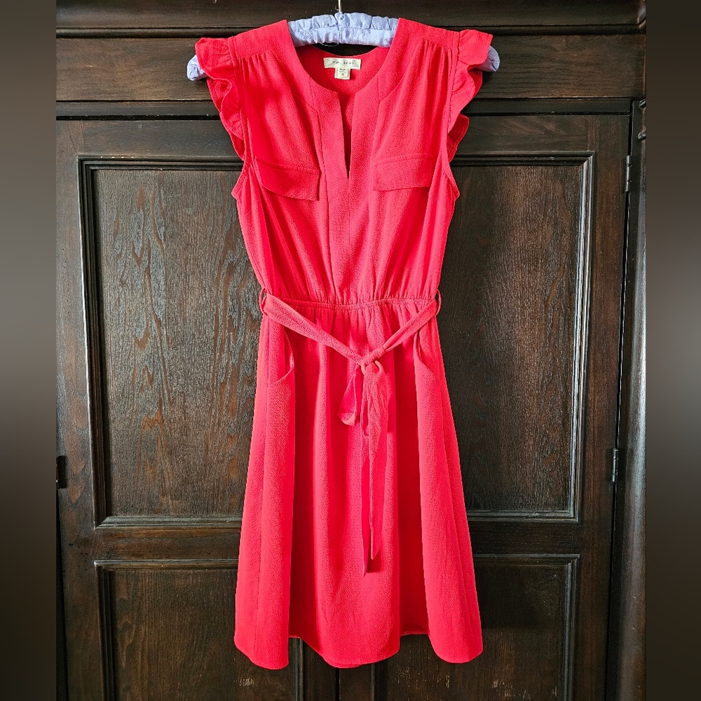 Classy Red Ruffle Sleeve Dress With Pockets